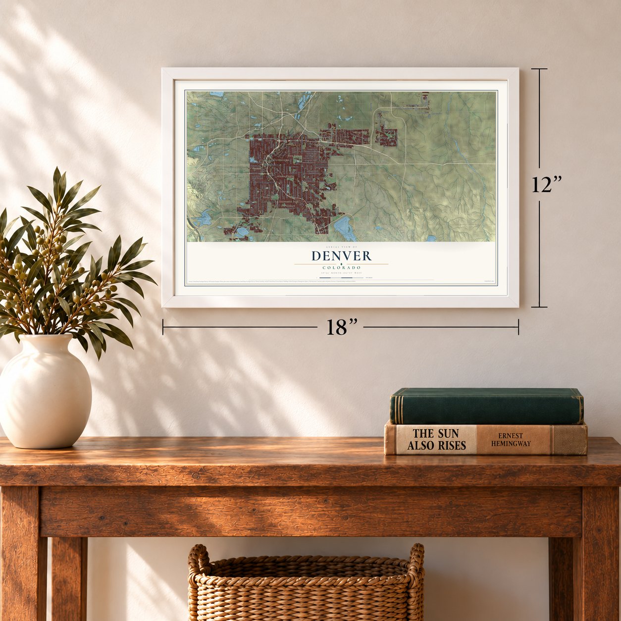 Denver, Colorado map, 12 x 18 inch print in a white frame in an entryway