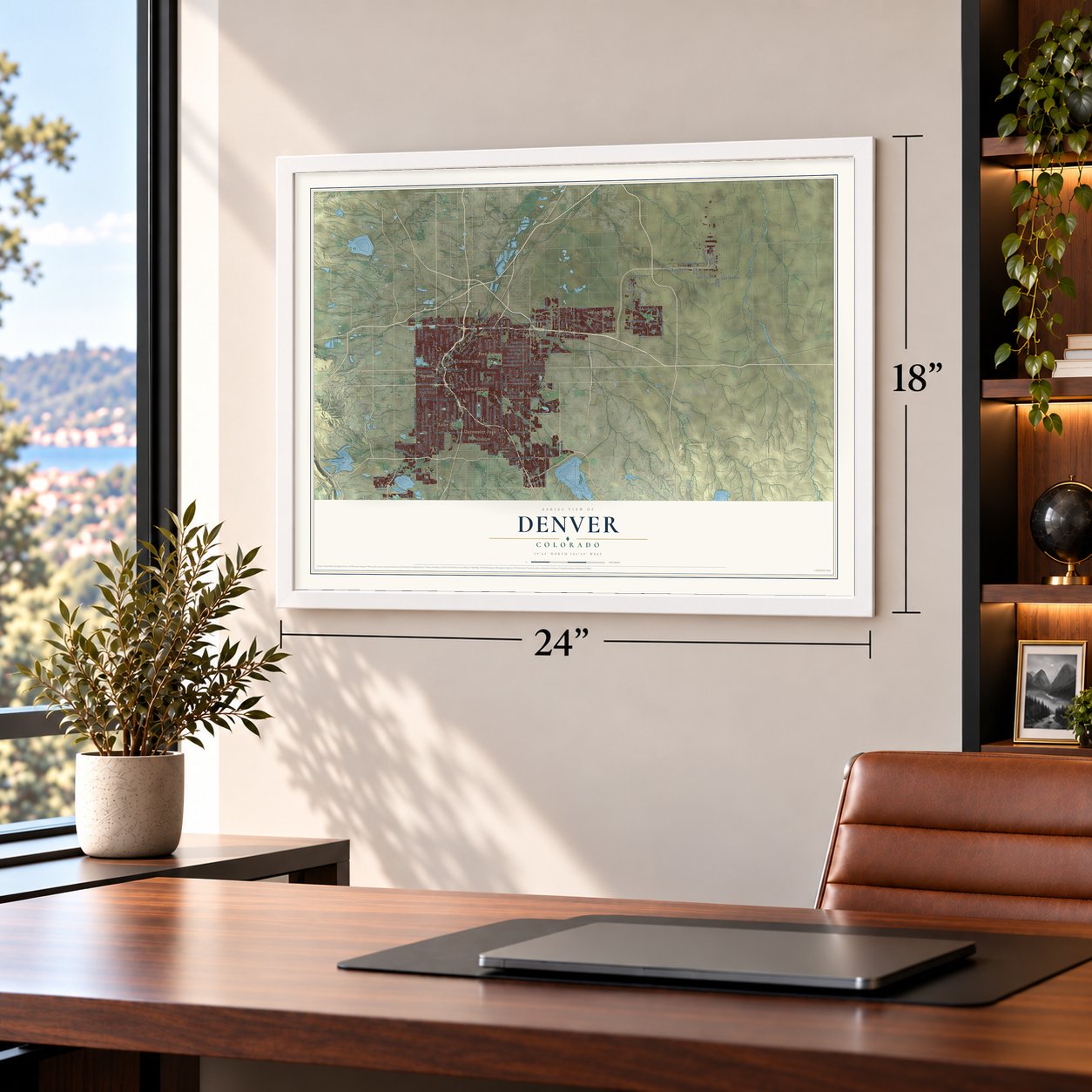 Denver, Colorado map, 18 x 24 inch print in a white frame in a home office