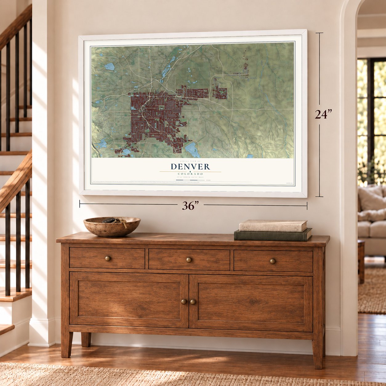 Denver, Colorado map, 24 x 36 inch print in a white frame above a dresser by a staircase