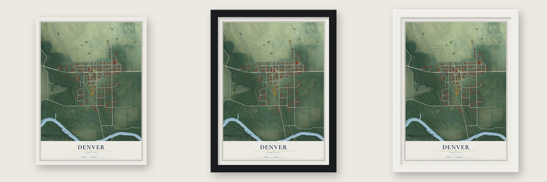 Denver, Indiana map unframed, in a black wood frame and in a white wood frame