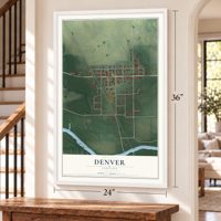 Denver, Indiana map, 24 x 36 inch print in a white frame by a staircase