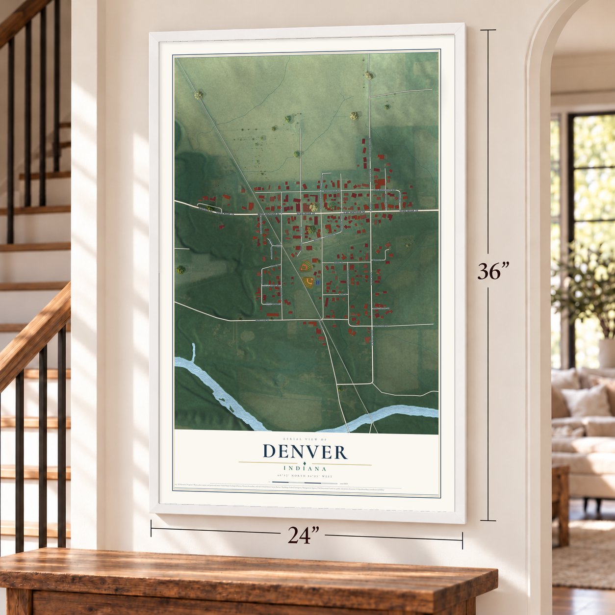 Denver, Indiana map, 24 x 36 inch print in a white frame by a staircase