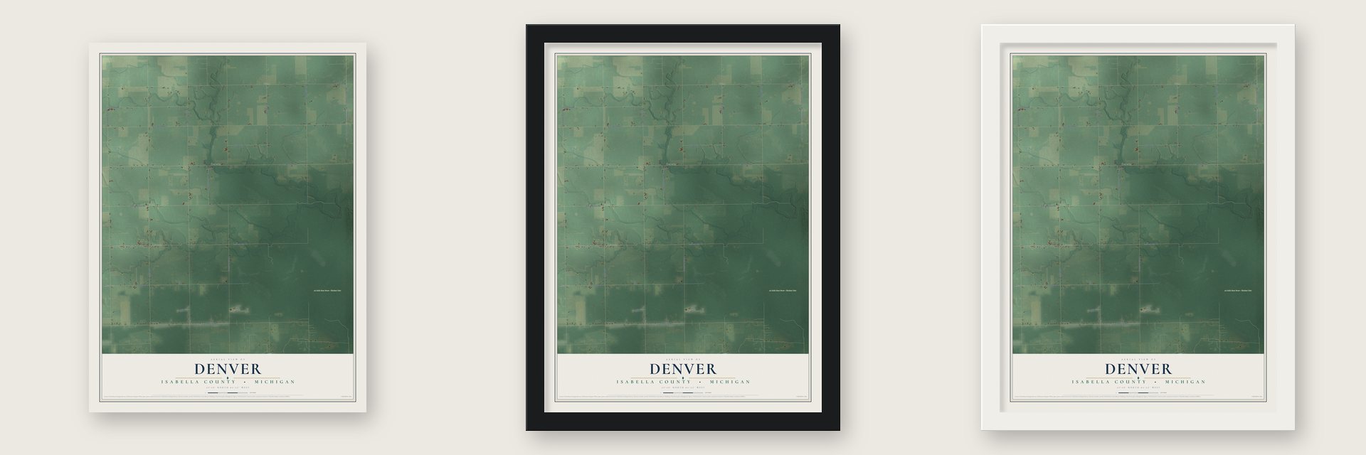 Denver, Isabella County, Michigan map unframed, in a black wood frame and in a white wood frame
