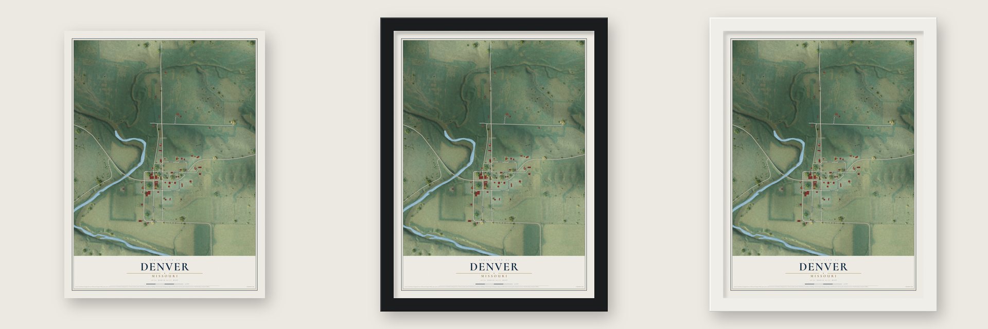 Denver, Missouri map unframed, in a black wood frame and in a white wood frame