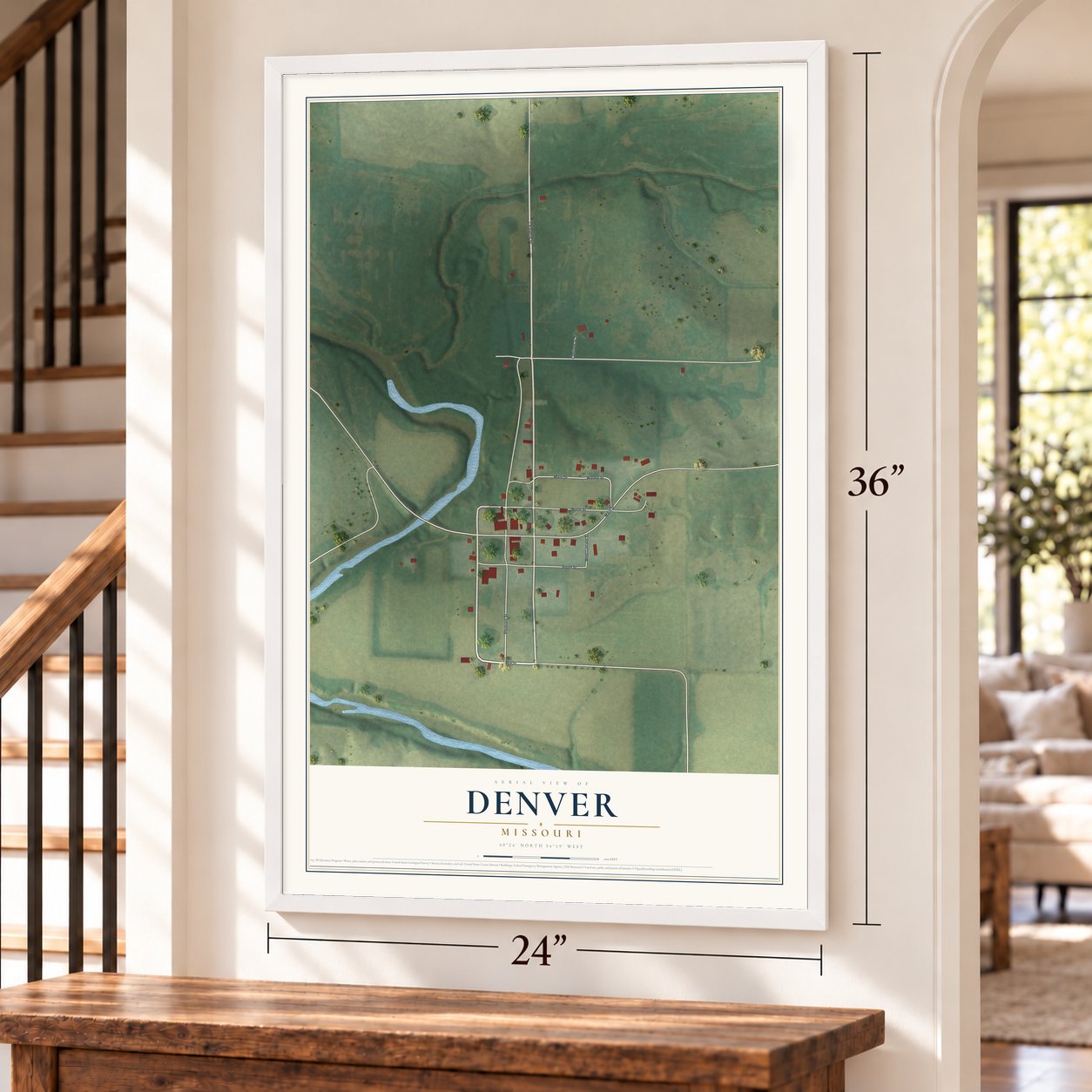 Denver, Missouri map, 24 x 36 inch print in a white frame by a staircase