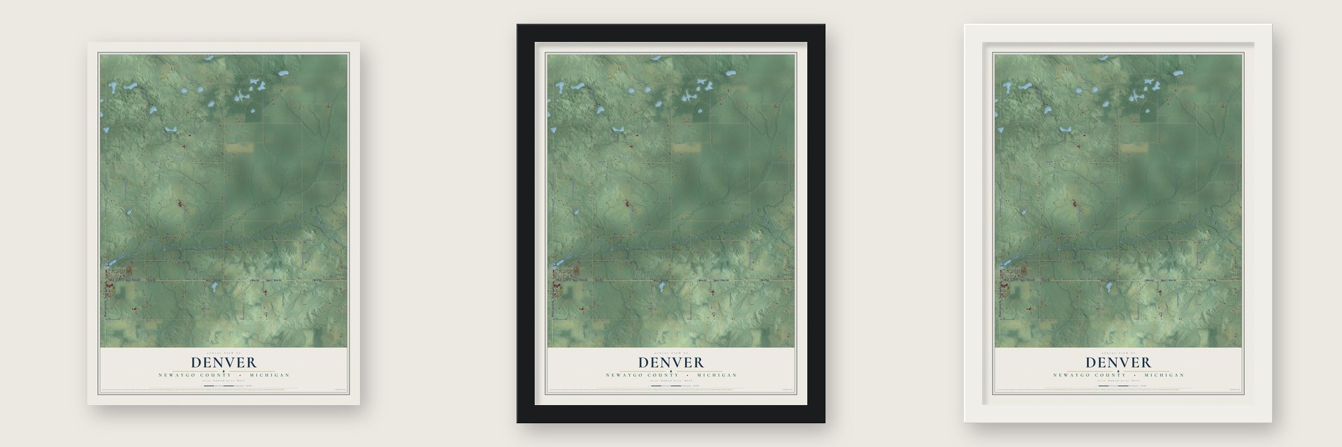 Denver, Newaygo County, Michigan map unframed, in a black wood frame and in a white wood frame