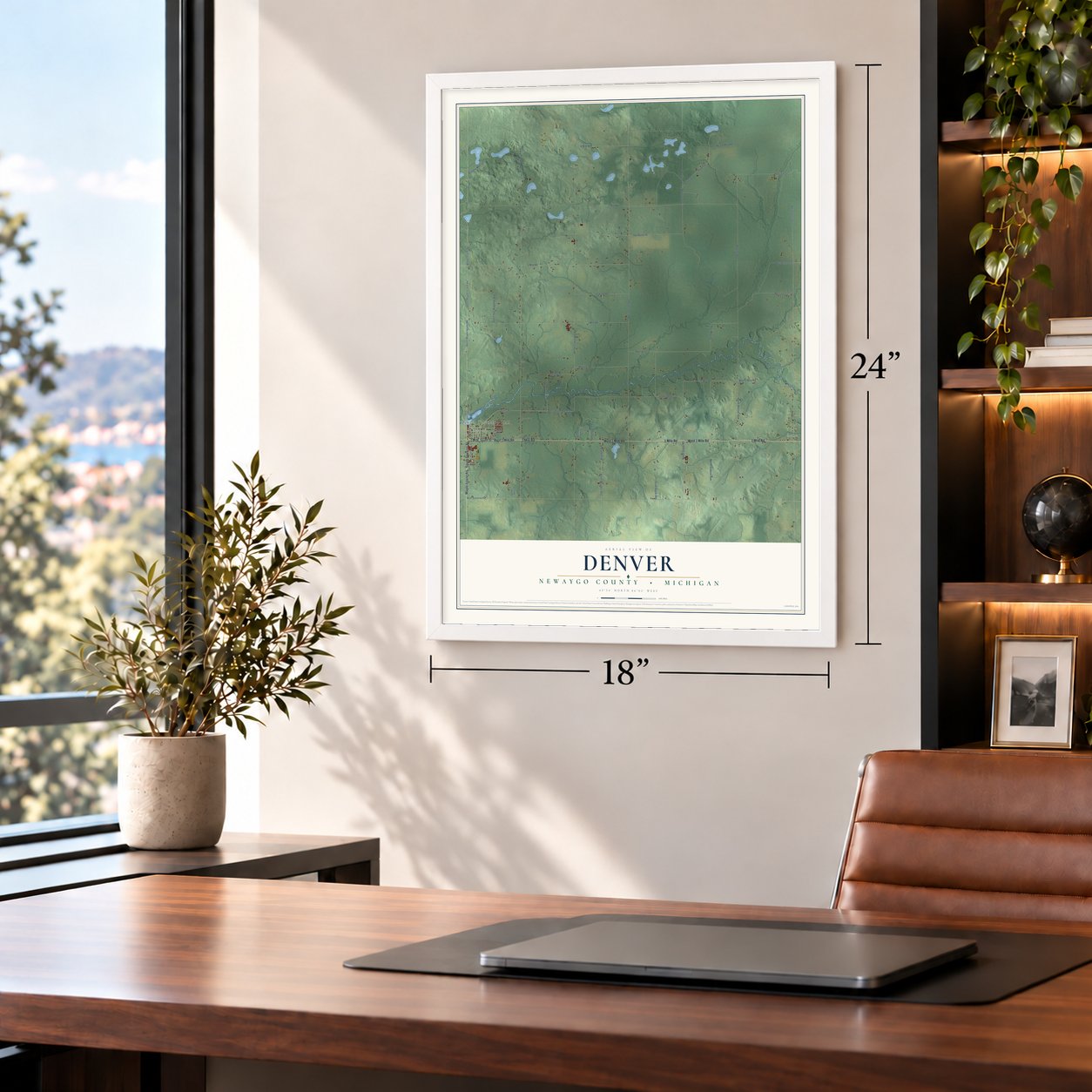 Denver, Newaygo County, Michigan map, 18 x 24 inch print in a white frame in a home office