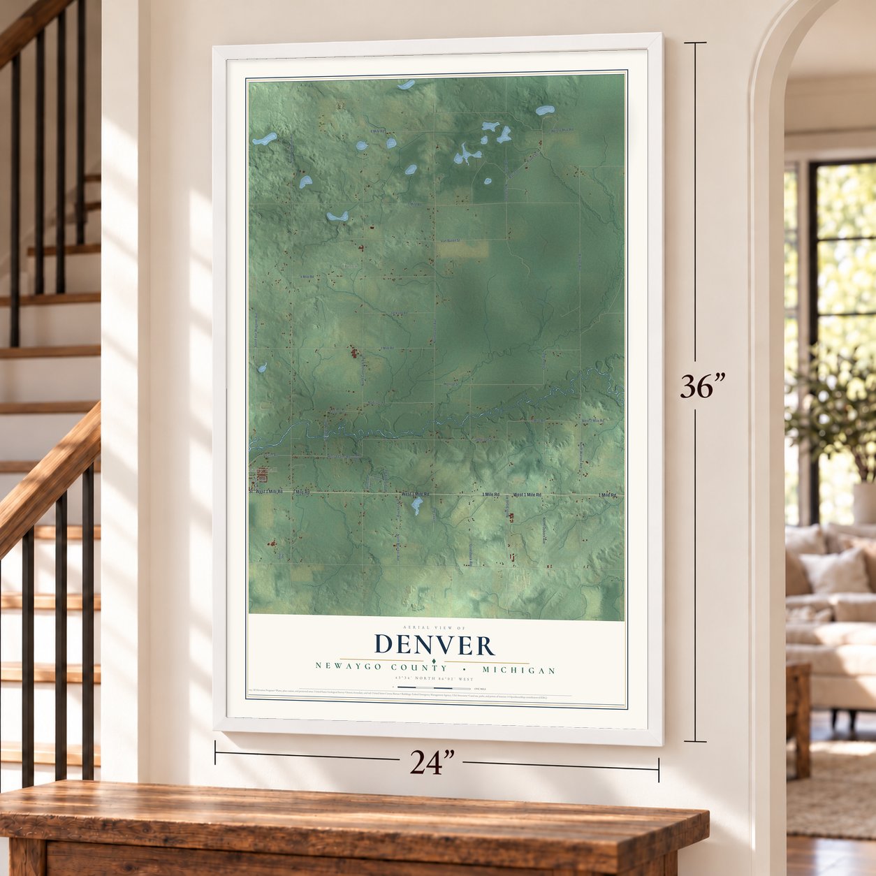 Denver, Newaygo County, Michigan map, 24 x 36 inch print in a white frame by a staircase