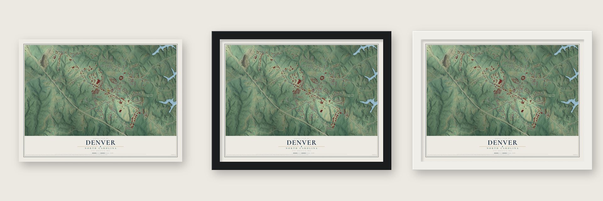 Denver, North Carolina map unframed, in a black wood frame and in a white wood frame