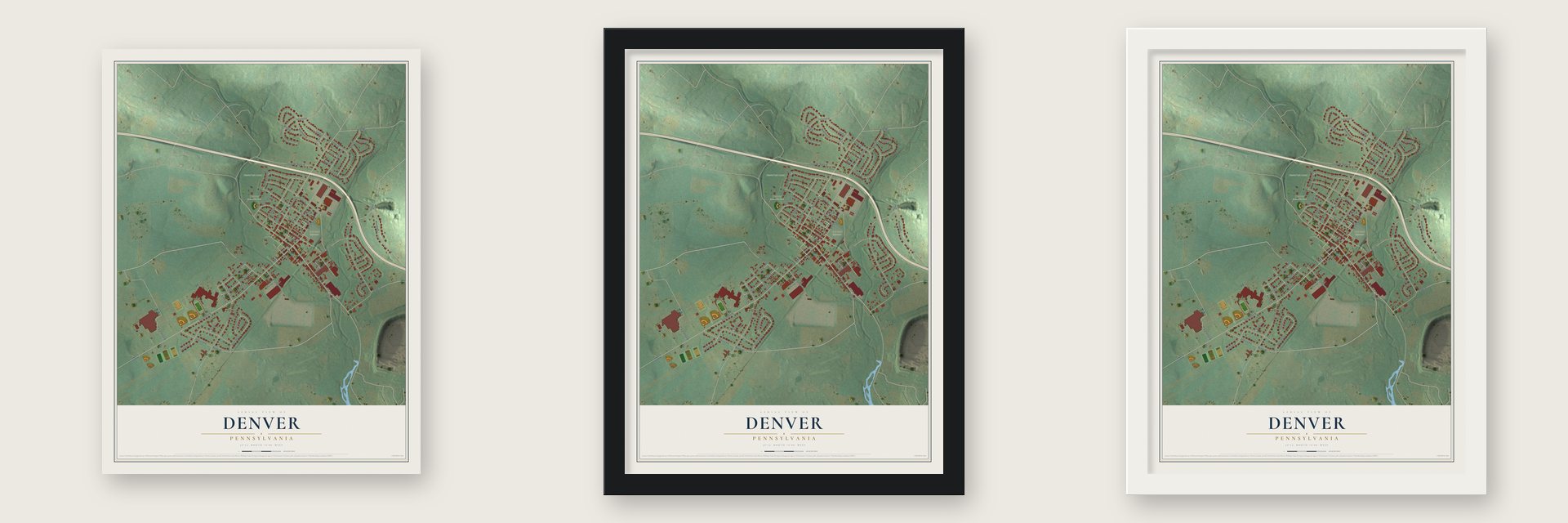 Denver, Pennsylvania map unframed, in a black wood frame and in a white wood frame