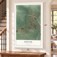 Denver, Pennsylvania map, 24 x 36 inch print in a white frame by a staircase
