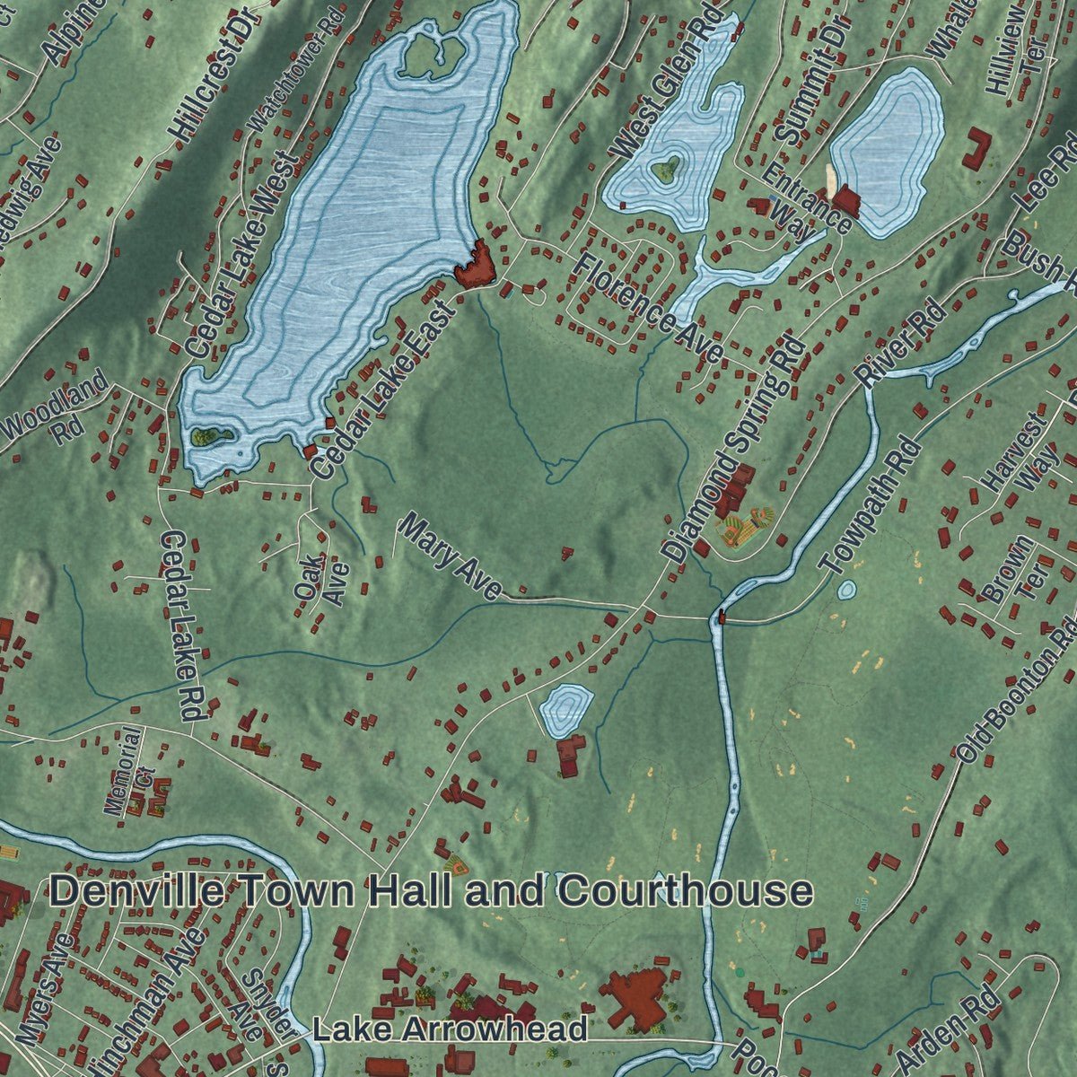 Second close-up of the map of Denville, New Jersey print showing more streets and buildings