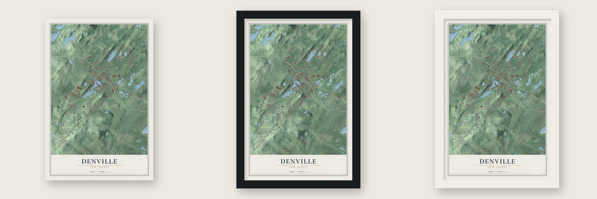 Denville, New Jersey map unframed, in a black wood frame and in a white wood frame