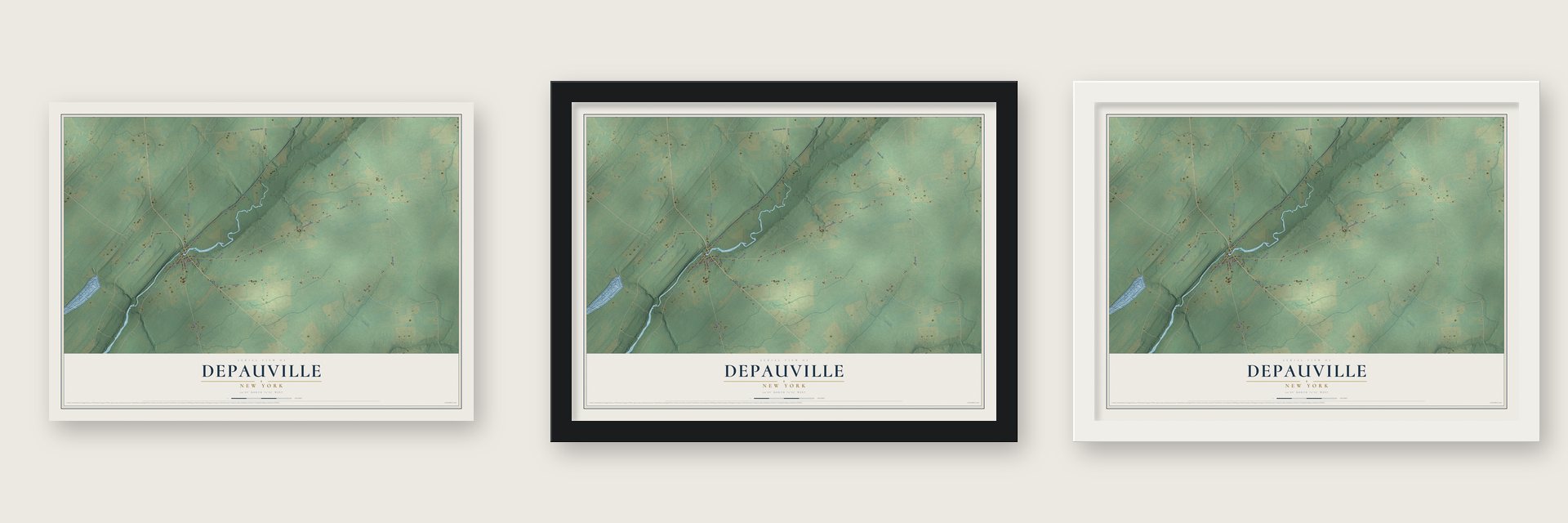 Depauville, New York map unframed, in a black wood frame and in a white wood frame