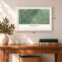 Depauville, New York map, 12 x 18 inch print in a white frame in an entryway