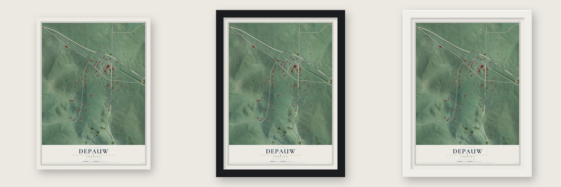 Depauw, Indiana map unframed, in a black wood frame and in a white wood frame