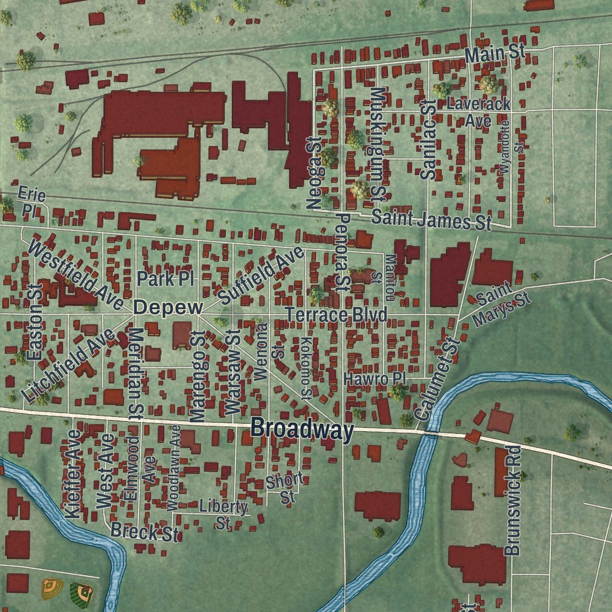Second close-up of the map of Depew, New York print showing more streets and buildings