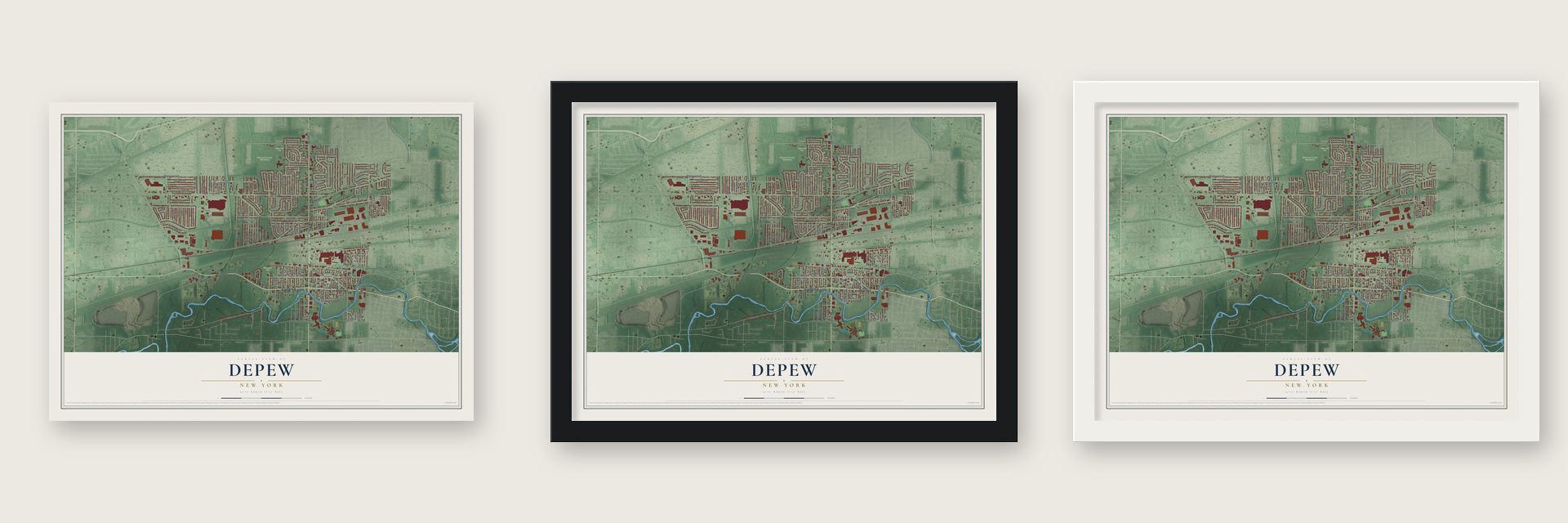 Depew, New York map unframed, in a black wood frame and in a white wood frame