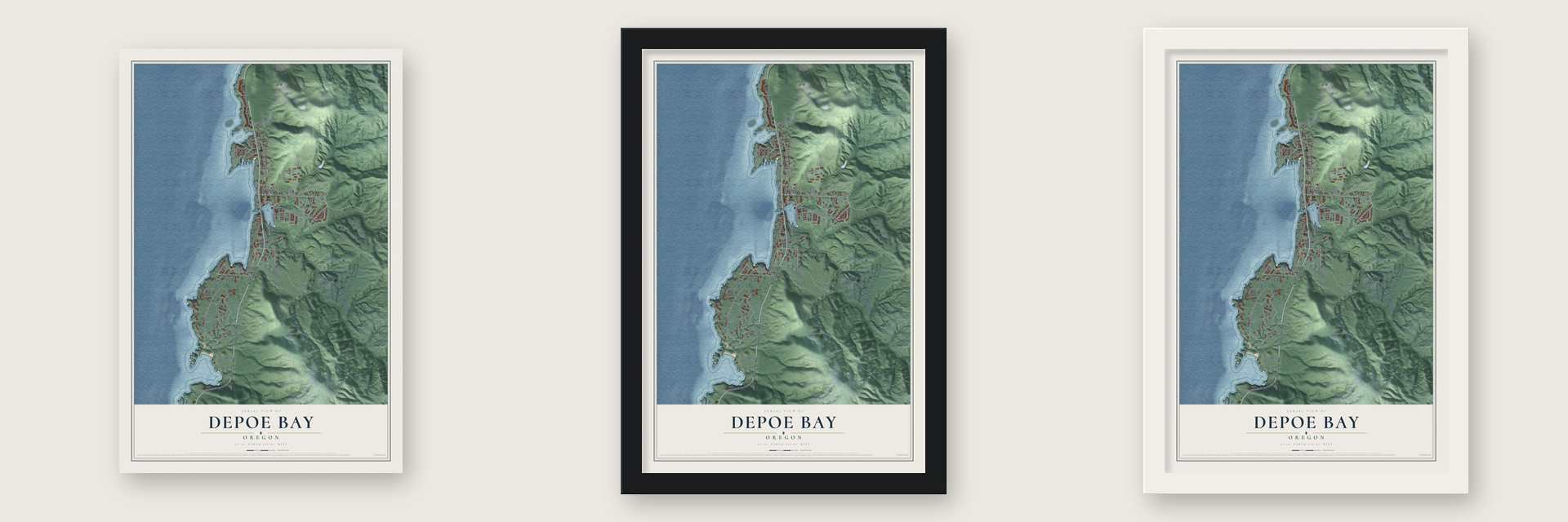 Depoe Bay, Oregon map unframed, in a black wood frame and in a white wood frame