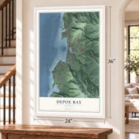 Depoe Bay, Oregon map, 24 x 36 inch print in a white frame by a staircase