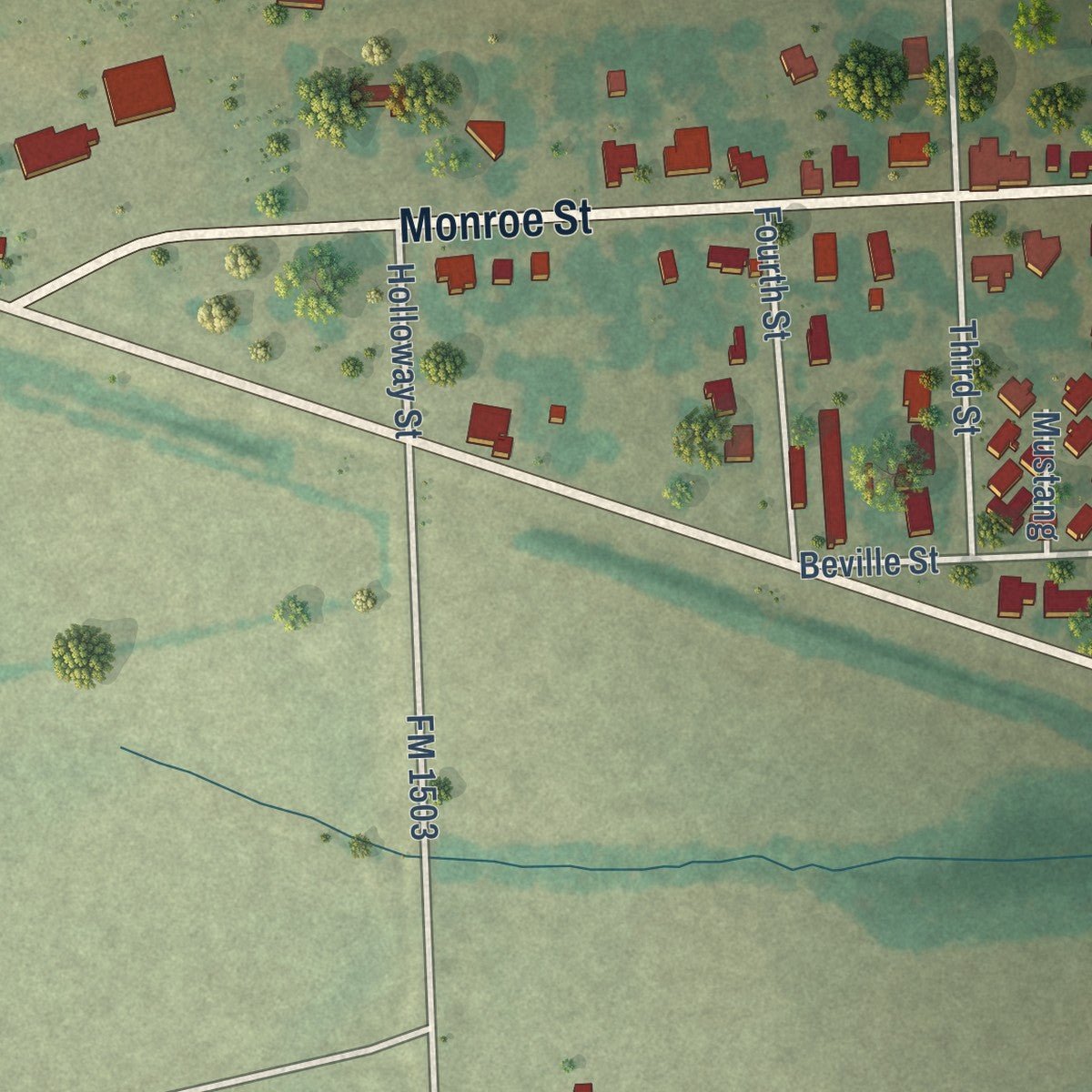Second close-up of the map of Deport, Texas print showing more streets and buildings