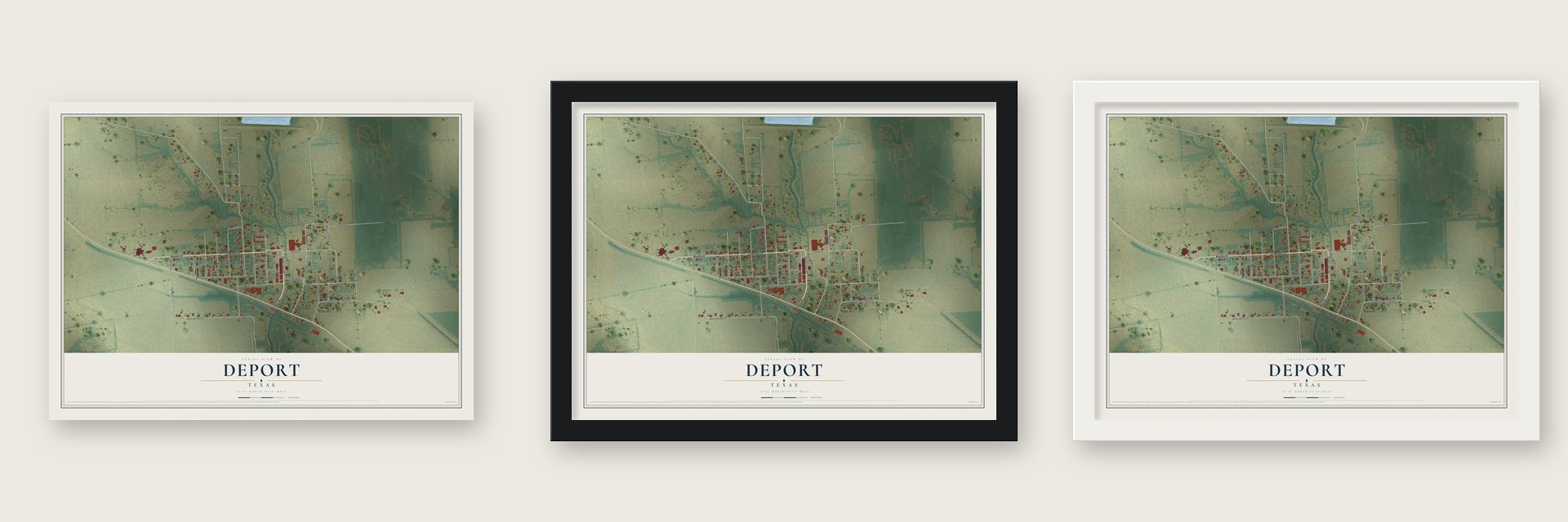 Deport, Texas map unframed, in a black wood frame and in a white wood frame