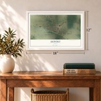 Deport, Texas map, 12 x 18 inch print in a white frame in an entryway