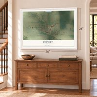Deport, Texas map, 24 x 36 inch print in a white frame above a dresser by a staircase