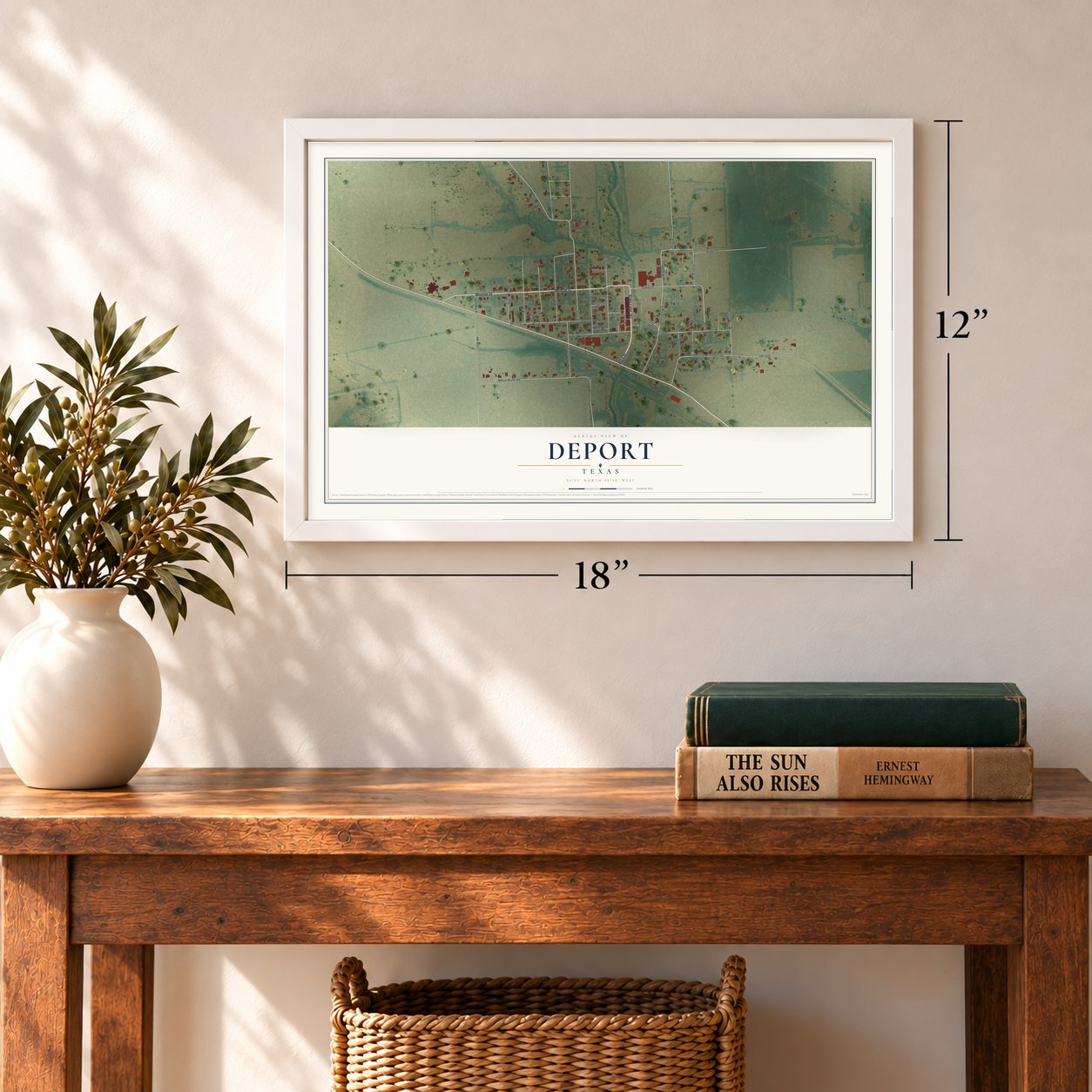 Deport, Texas map, 12 x 18 inch print in a white frame in an entryway