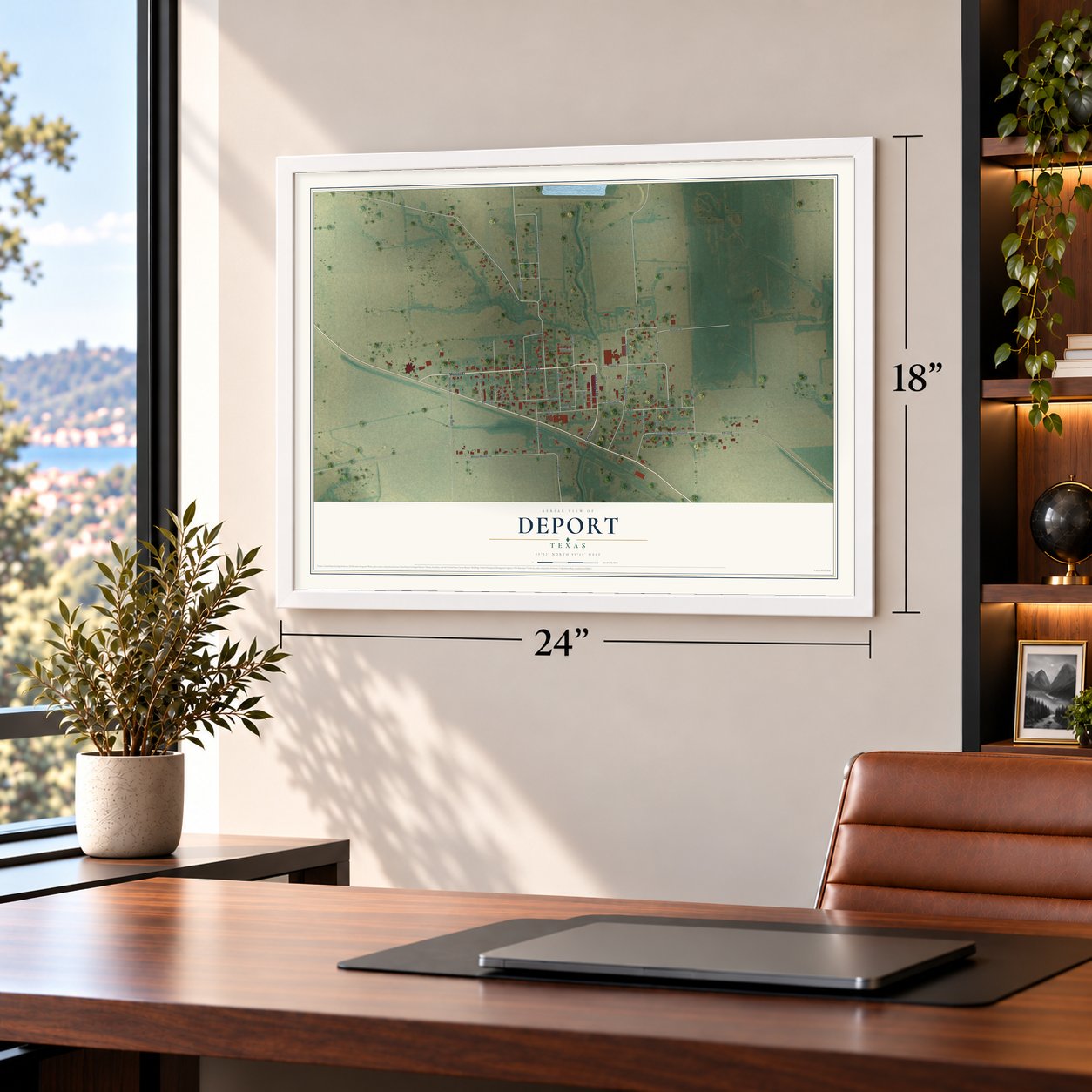 Deport, Texas map, 18 x 24 inch print in a white frame in a home office