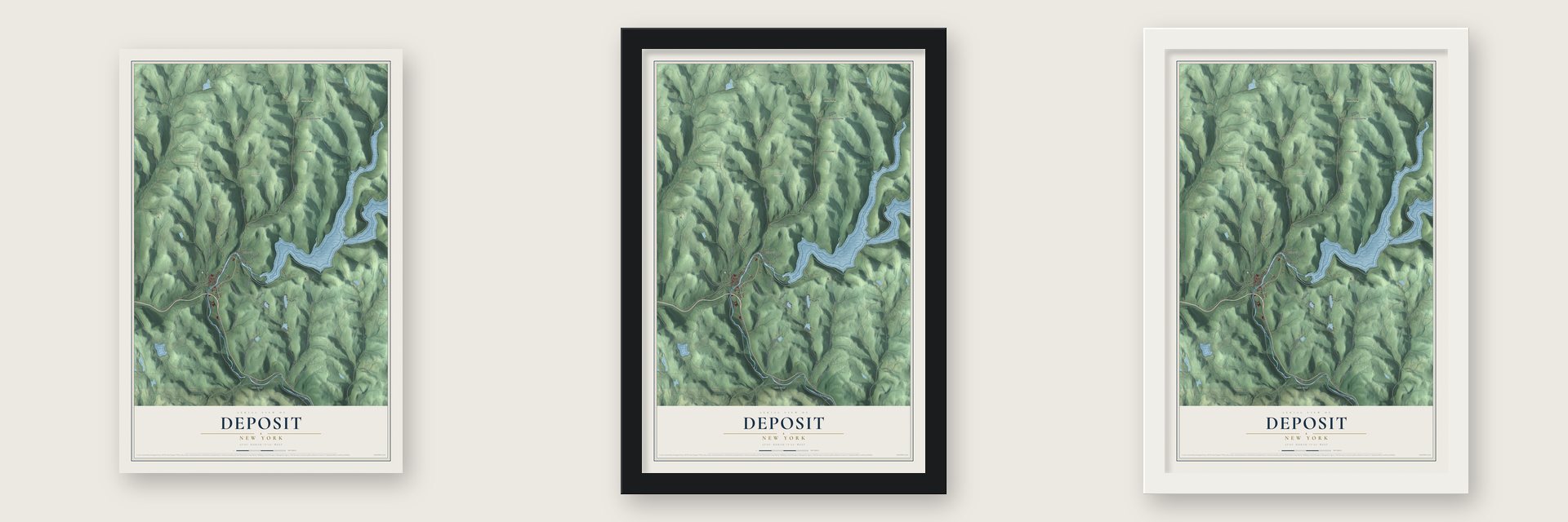 Deposit, New York map unframed, in a black wood frame and in a white wood frame