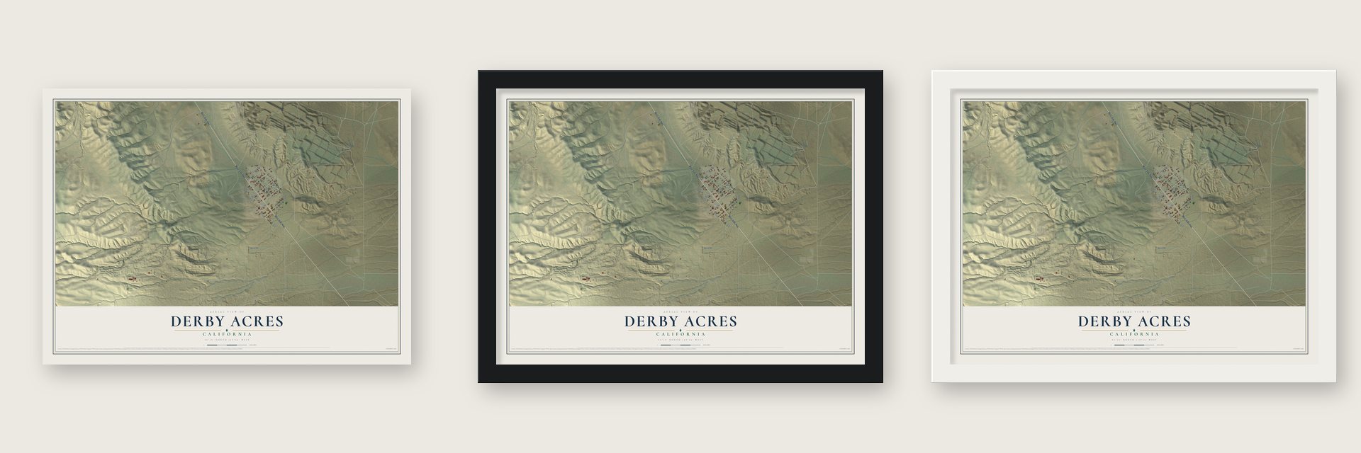 Derby Acres, California map unframed, in a black wood frame and in a white wood frame