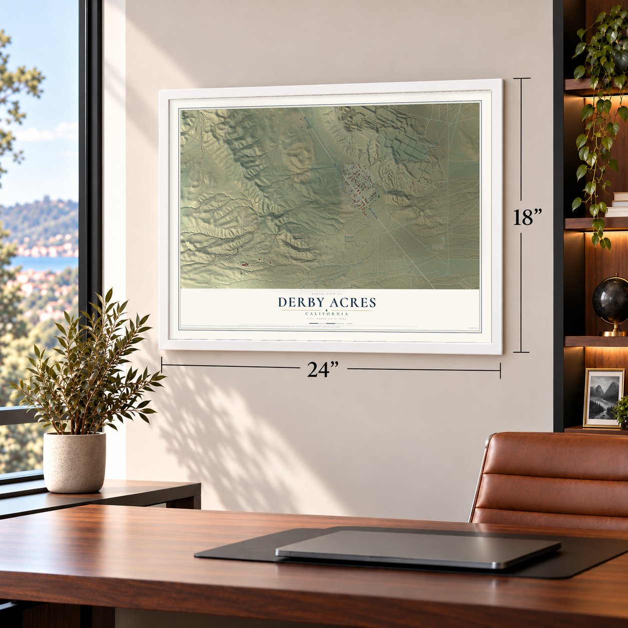 Derby Acres, California map, 18 x 24 inch print in a white frame in a home office