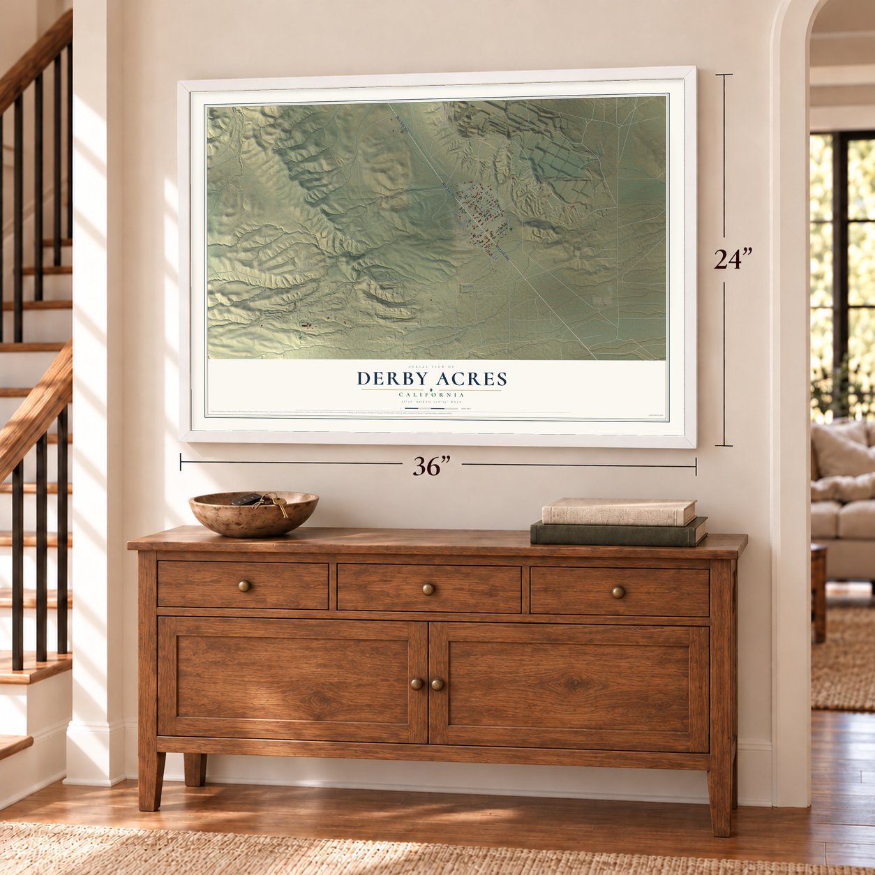 Derby Acres, California map, 24 x 36 inch print in a white frame above a dresser by a staircase