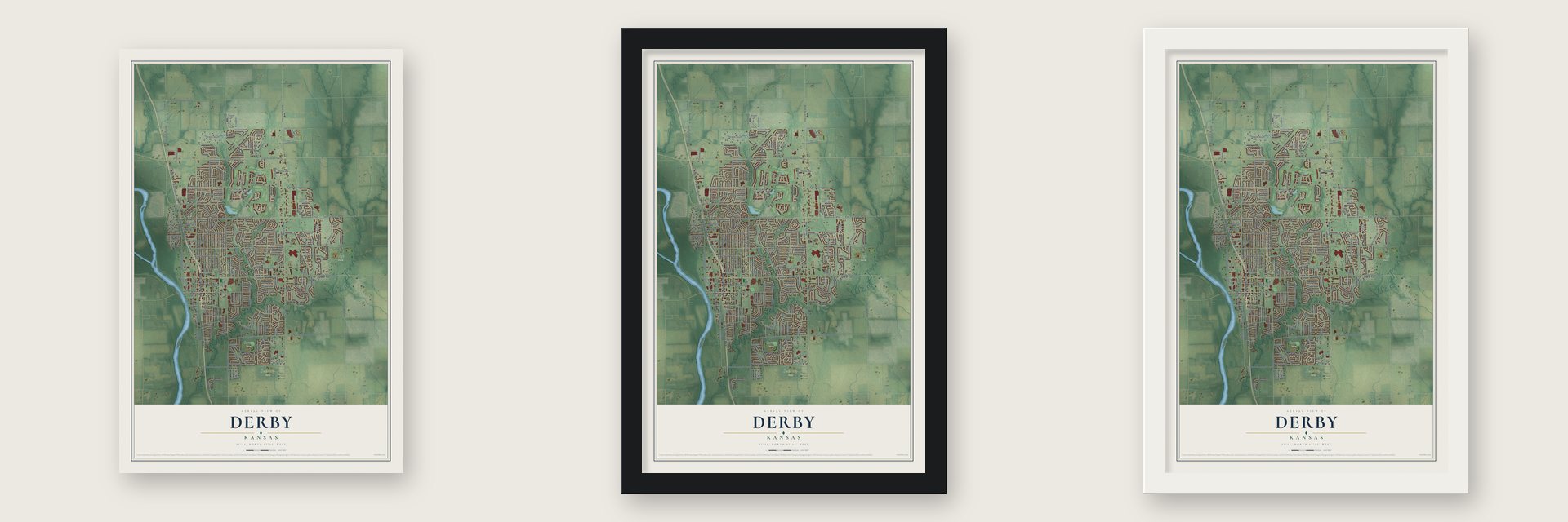 Derby, Kansas map unframed, in a black wood frame and in a white wood frame