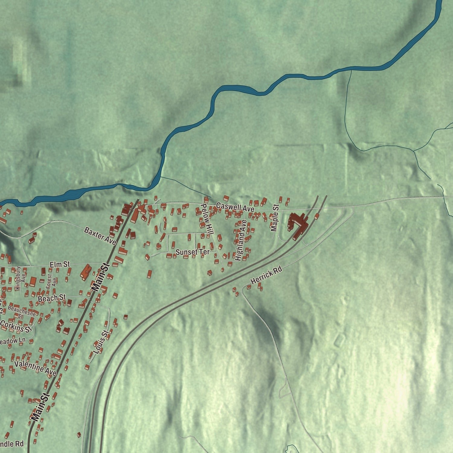 Close-up of the map of Derby Line, Vermont print showing terrain and local geography