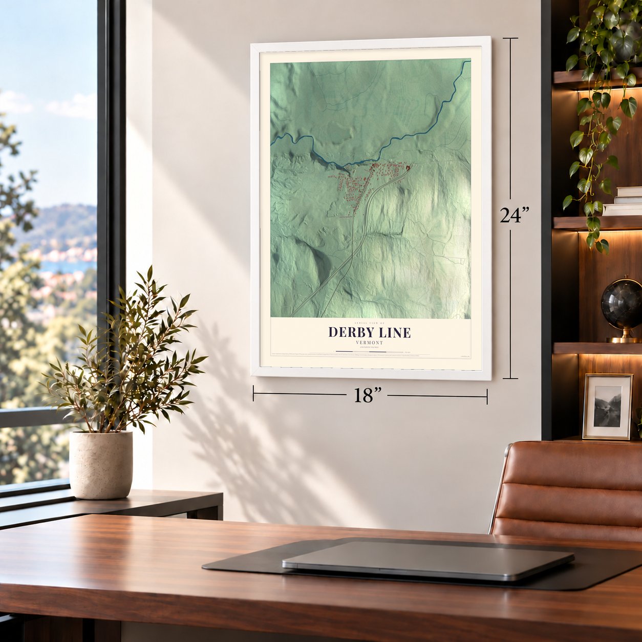 Derby Line, Vermont map, 18 x 24 inch print in a white frame in a home office