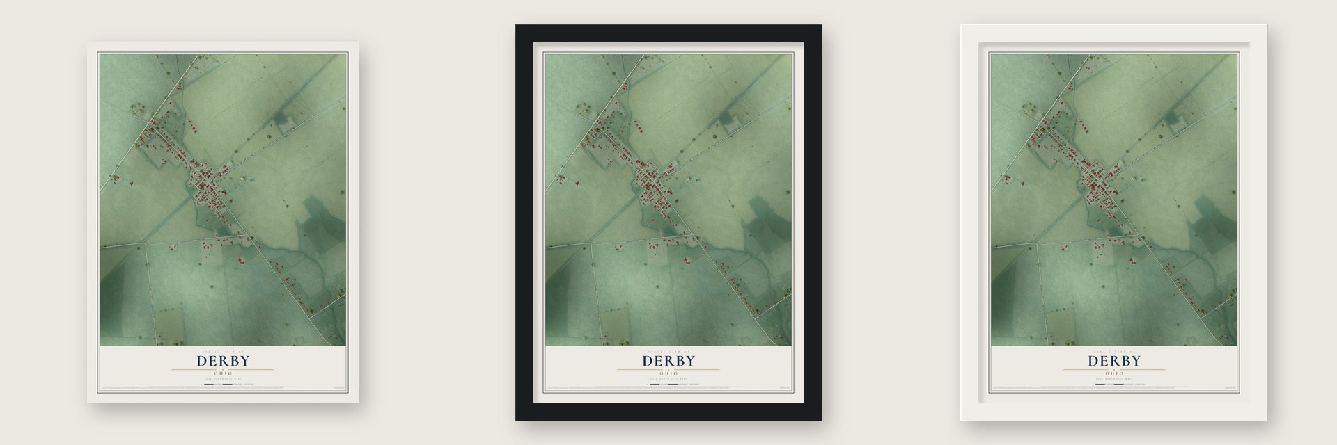 Derby, Ohio map unframed, in a black wood frame and in a white wood frame