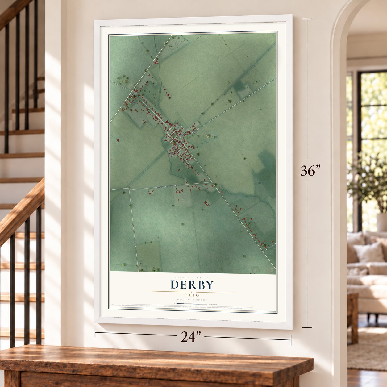 Derby, Ohio map, 24 x 36 inch print in a white frame by a staircase