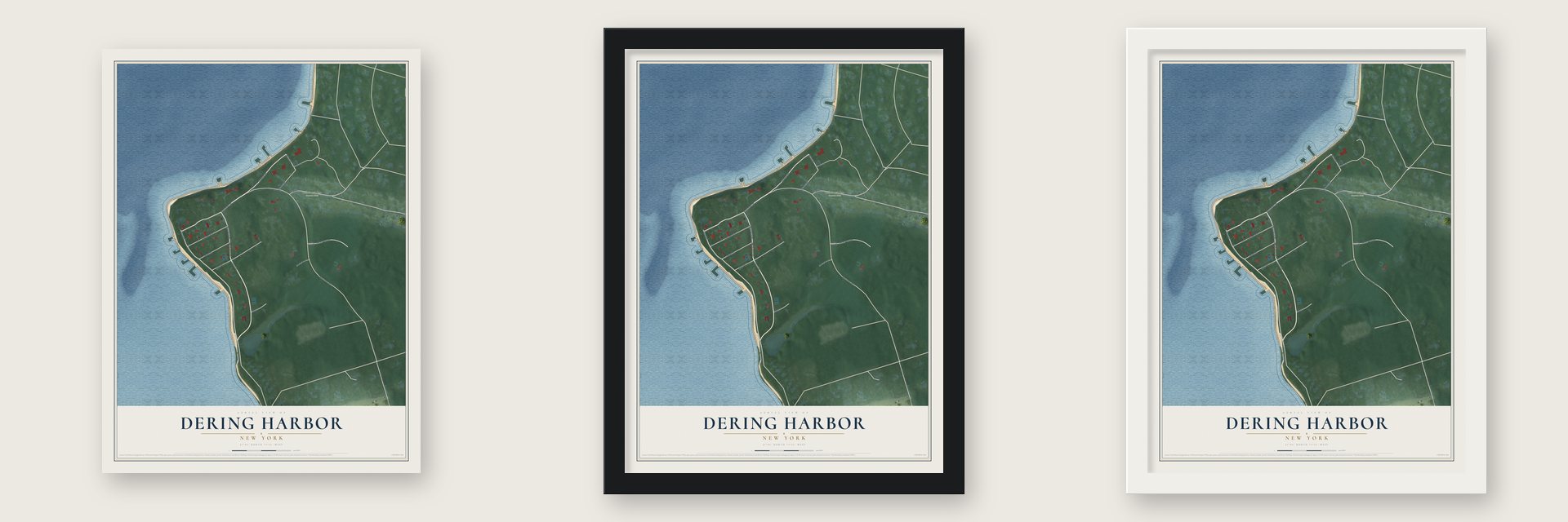 Dering Harbor, New York map unframed, in a black wood frame and in a white wood frame