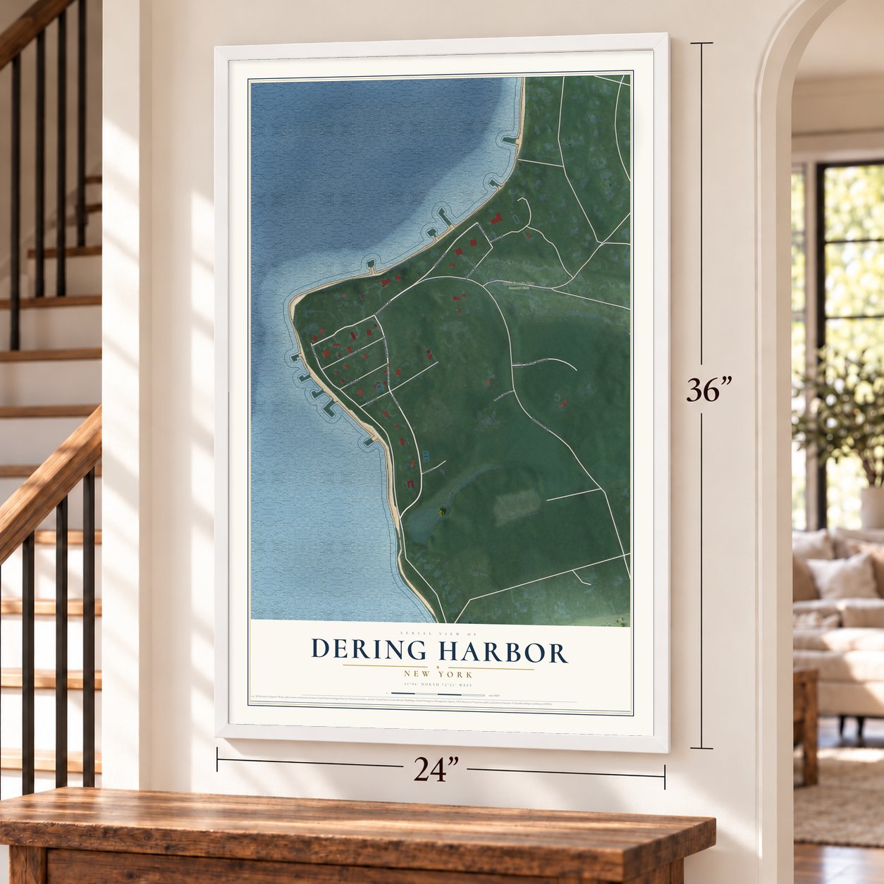 Dering Harbor, New York map, 24 x 36 inch print in a white frame by a staircase