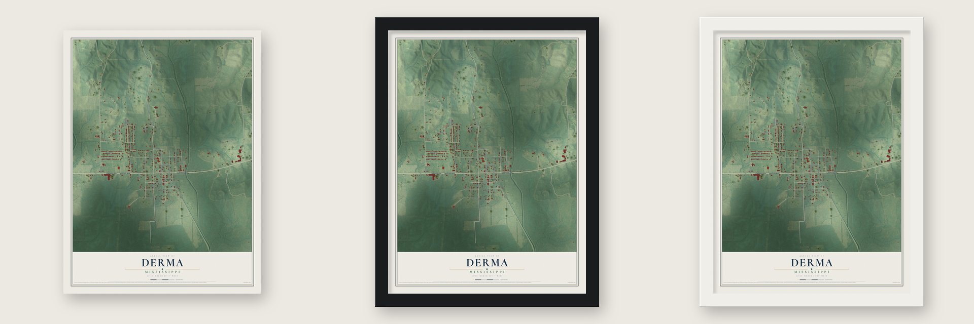 Derma, Mississippi map unframed, in a black wood frame and in a white wood frame