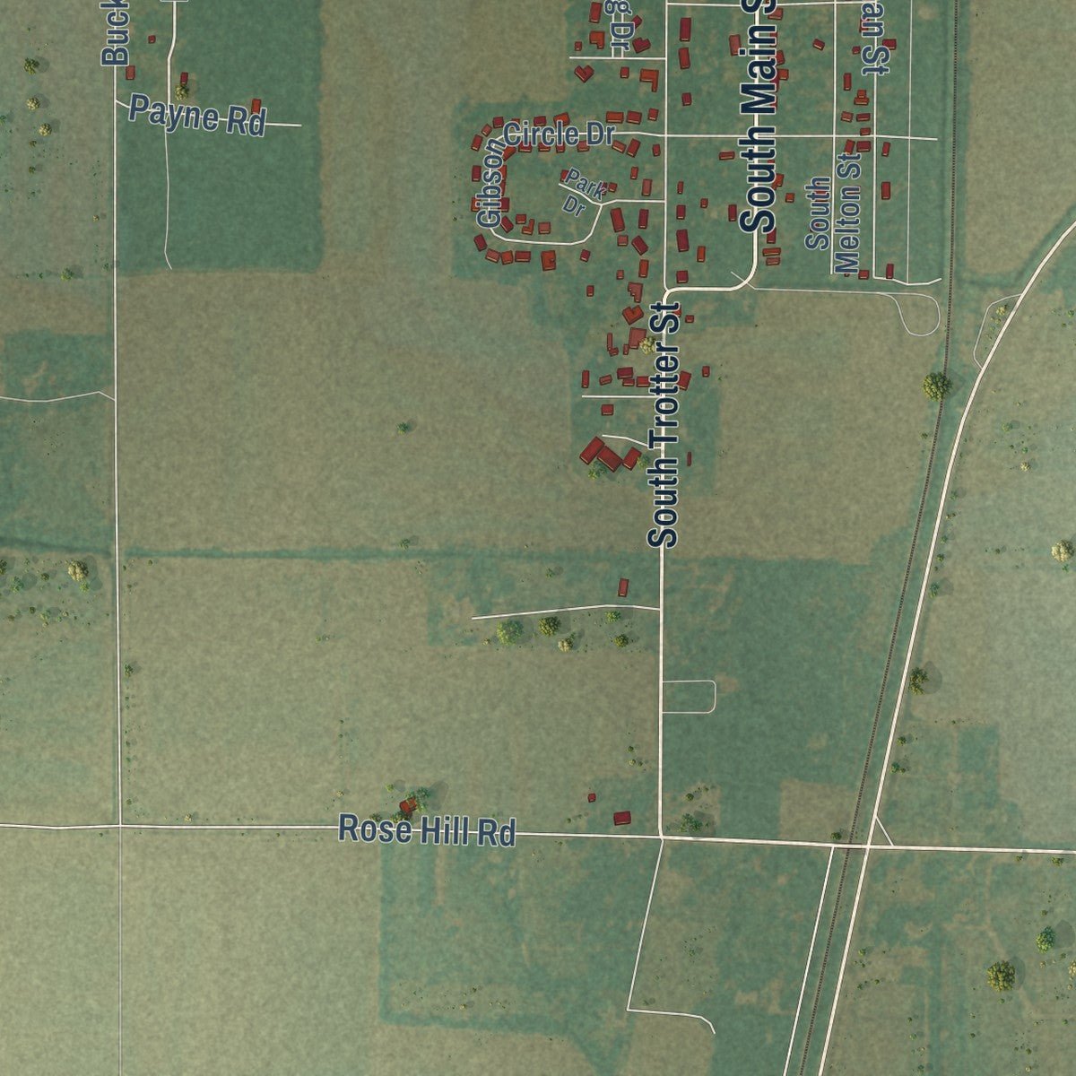 Second close-up of the map of Dermott, Arkansas print showing more streets and buildings