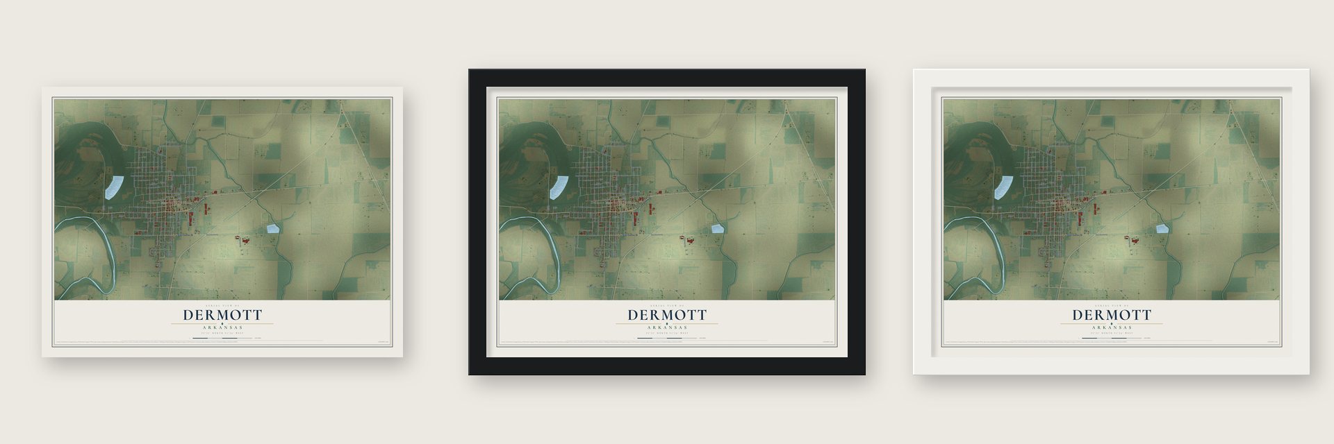 Dermott, Arkansas map unframed, in a black wood frame and in a white wood frame