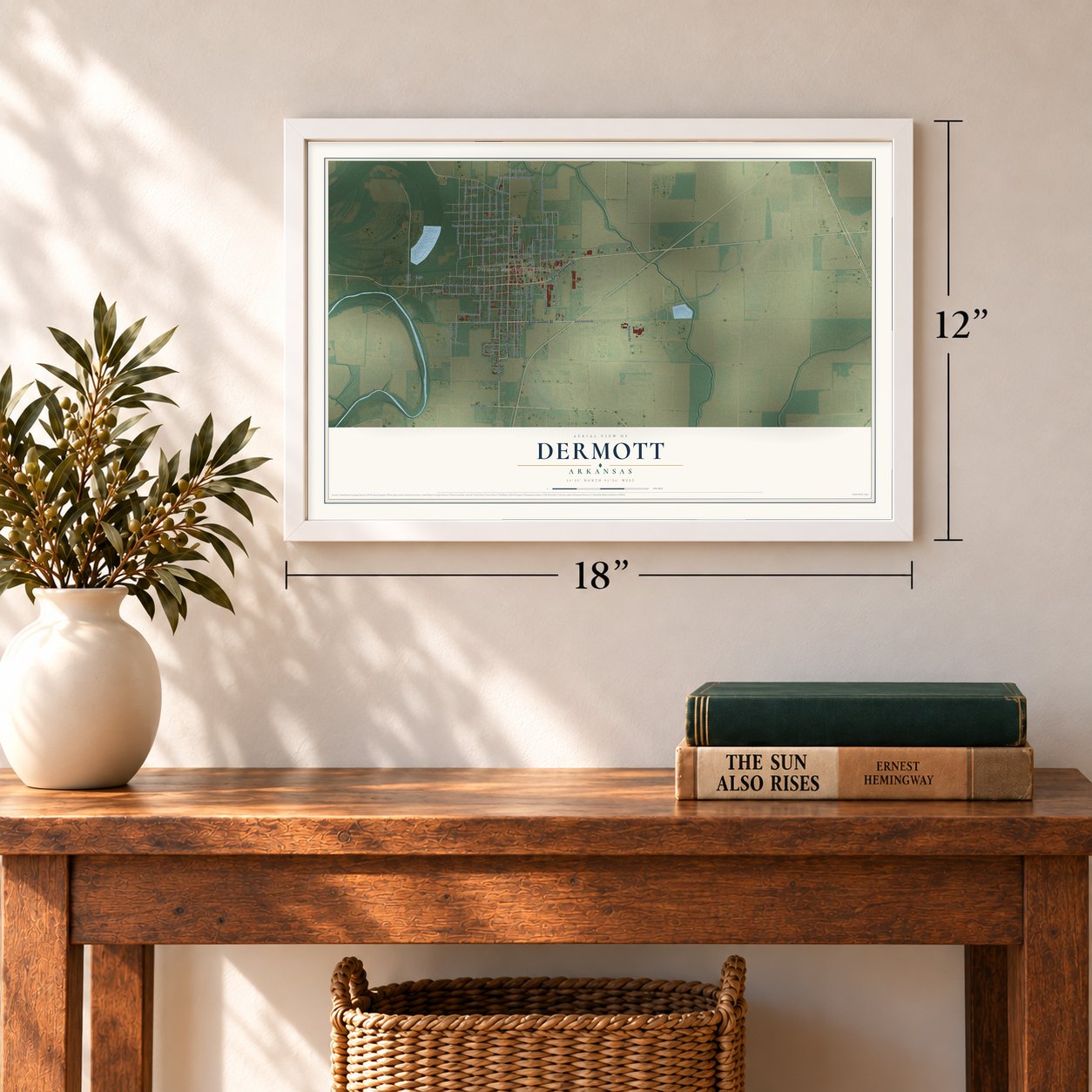 Dermott, Arkansas map, 12 x 18 inch print in a white frame in an entryway