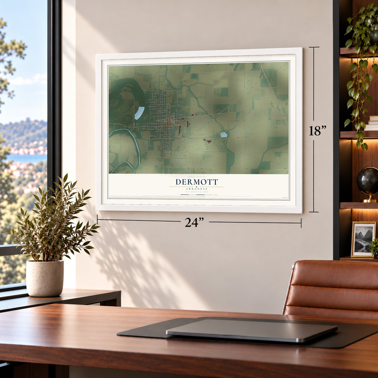 Dermott, Arkansas map, 18 x 24 inch print in a white frame in a home office