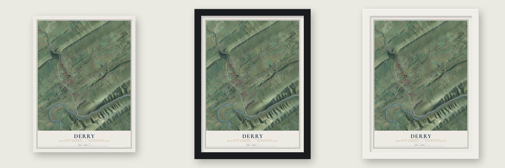 Derry, Mifflin County, Pennsylvania map unframed, in a black wood frame and in a white wood frame