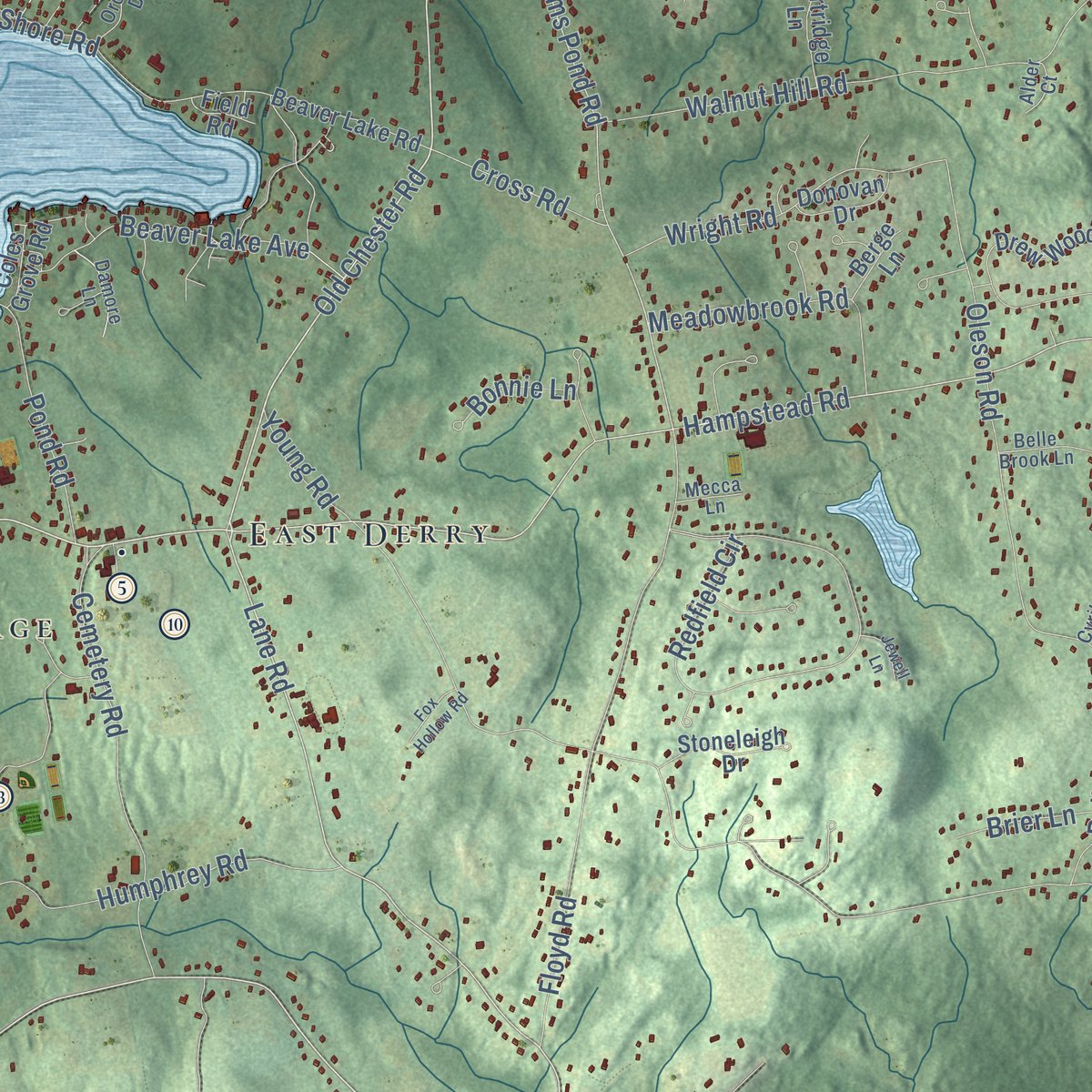 Second close-up of the map of Derry, New Hampshire print showing more streets and buildings