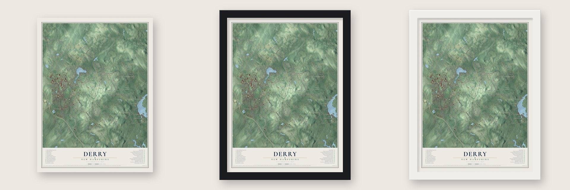 Derry, New Hampshire map unframed, in a black wood frame and in a white wood frame