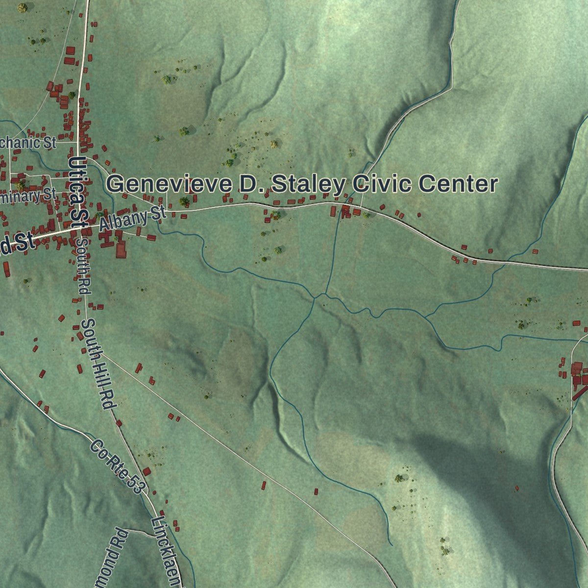 Second close-up of the map of DeRuyter, New York print showing more streets and buildings